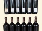 bottles of red wine are lined up in a row on a table