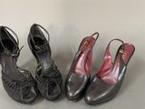 three pairs of women ' s shoes are lined up on a table