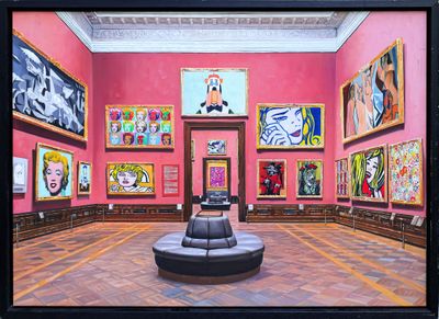 un tableau représentant une pièce avec des tableaux accrochés aux murs