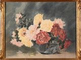 une peinture de roses dans un vase sur une table