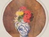 un tableau représentant un vase bleu et blanc contenant des fleurs