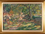 an oil painting of a path in a wooded area with trees