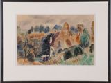 framed watercolor painting of a landscape with trees and bushes