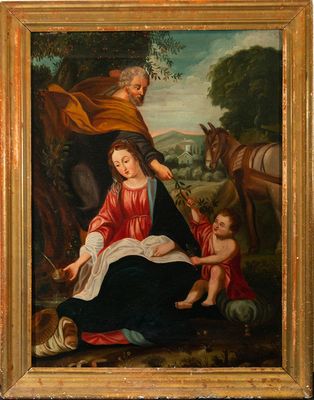 un vieux tableau représentant une femme en train de lire un livre avec deux enfants