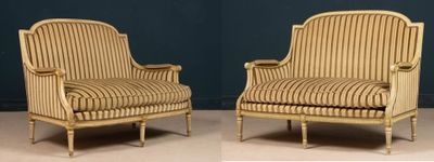two pictures of a pair of chairs with a striped upholstered seat