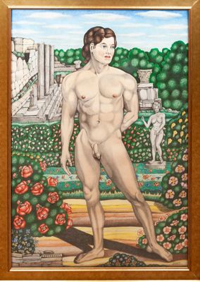 une image représentant un tableau d'un homme nu debout dans un jardin