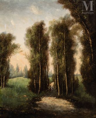 an image of a painting of a wooded road with a cow in the distance
