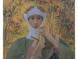 un tableau représentant une femme en robe verte tenant une cruche