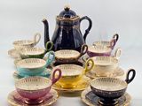 a lot of cups and saucers that are sitting on a table