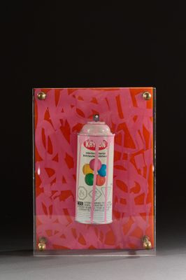 a pink box with a spray can on it
