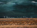 an oil painting of a ship in the ocean with a sky background