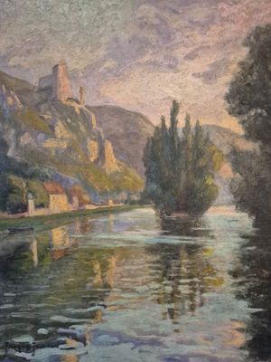 peinture représentant une scène fluviale avec un château au loin