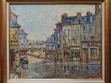 une peinture à l'huile représentant une scène de rue en ville avec une calèche