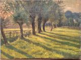 painting of a field with trees and a fence in the foreground