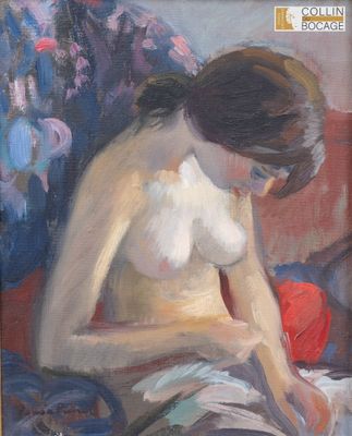 une peinture à l'huile représentant une femme assise sur un canapé en train de lire un livre