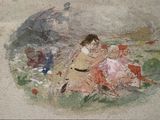 a painting of a woman and two children sitting on the grass