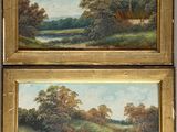 two paintings of a river and a house in a wooded setting