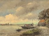 a painting of a boat on the water with a house in the background