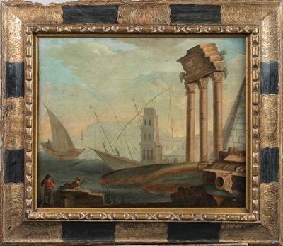 une peinture à l'huile sur toile représentant un bateau dans un port