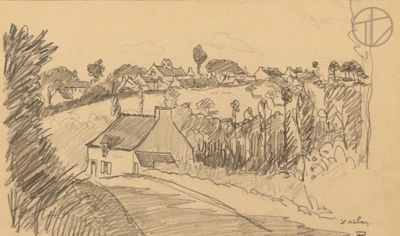drawing of a rural scene with a house and a fence