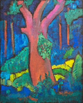 an oil painting of a tree in a forest at night