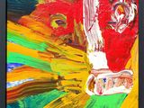 abstract painting of a red vase with yellow and green flowers