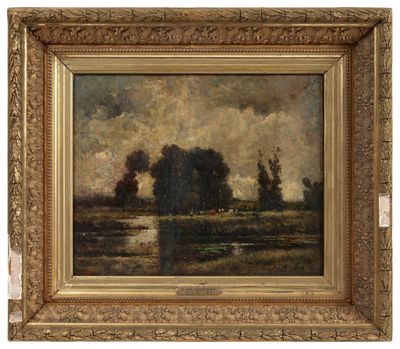 un tableau représentant un paysage avec des arbres et un plan d'eau