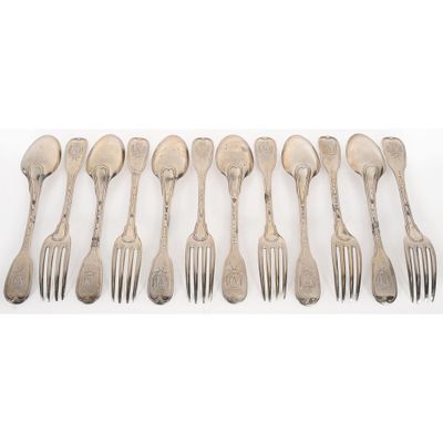 six silverware forks and spoons are lined up on a white surface