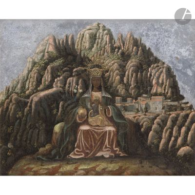an image of a painting of a woman sitting on a mountain