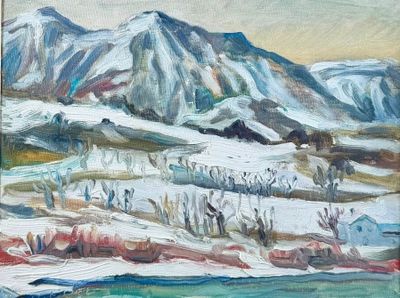 peinture représentant une peinture d'une chaîne de montagnes avec une rivière au premier plan
