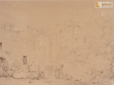 dessin représentant une calèche devant un bâtiment