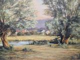 painting of a landscape with trees and a river in the foreground