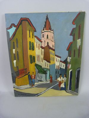 painting of a street scene with people walking down the street