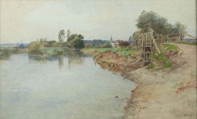 an image of a painting of a bridge over a body of water