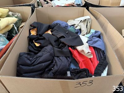 une boîte en carton remplie de vêtements, posée par terre