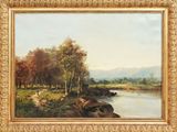 une peinture à l'huile représentant une scène fluviale avec du bétail paissant sur la rive