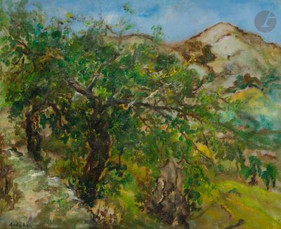 an oil painting of a tree in the middle of a field