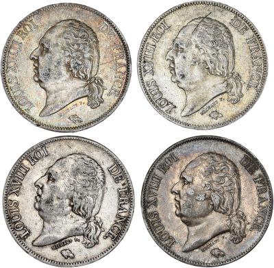 quatre types différents de pièces d'argent, dont l'une représente un buste et l'autre un buste
