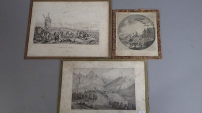 trois tableaux représentant un paysage de montagne avec une rivière au premier plan