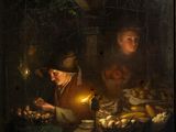 a painting of a man sitting at a table in front of a lamp