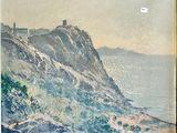 a painting on the wall of a room with a view of the ocean