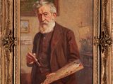 un vieux tableau représentant un homme barbu tenant un pinceau et une palette