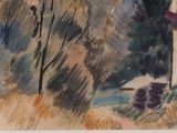 a watercolor painting of a house in the woods