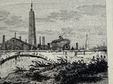 a drawing of a bridge over a river with a tower in the background