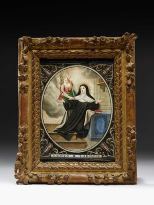 une peinture représentant une femme tenant un enfant sur ses genoux
