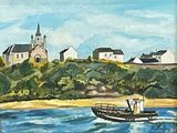 a painting of a boat on the water in front of a church