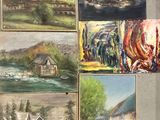 several paintings of different landscapes are hanging on a wall