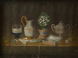 a painting of a vase and a book on a table
