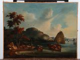 an oil painting of boats on a river with a mountain in the background