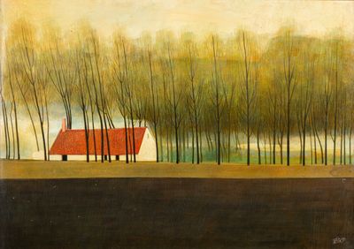 un tableau représentant une maison dans un champ, avec des arbres en arrière-plan
